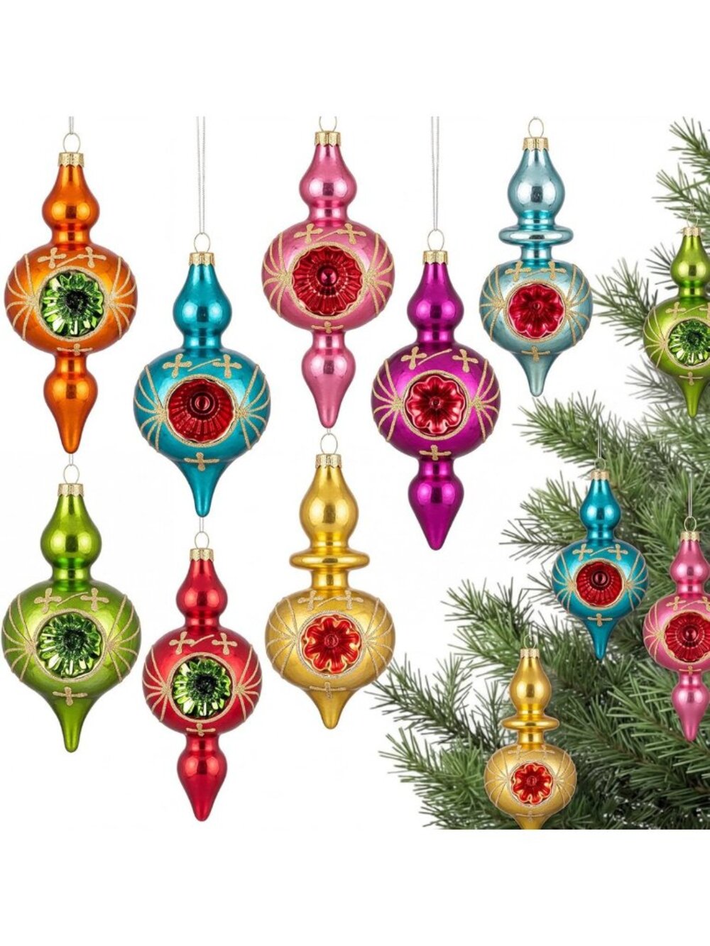 Vintage Glass Christmas Ornaments Set - 8 Pcs Reflector Tree Decor, Holiday